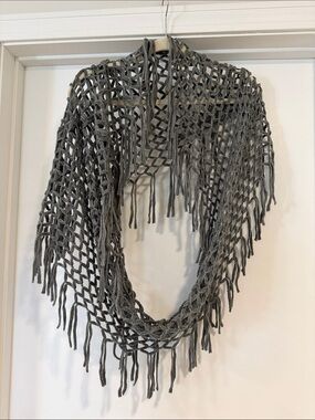 Gray Open Knit Fringe Shawl/Infinity Scarf - Women Accessories